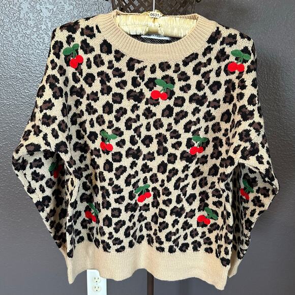 New! Leopard & Embroidered Cherry Crewneck One-Size Sweater Measurements Below - Picture 7 of 16